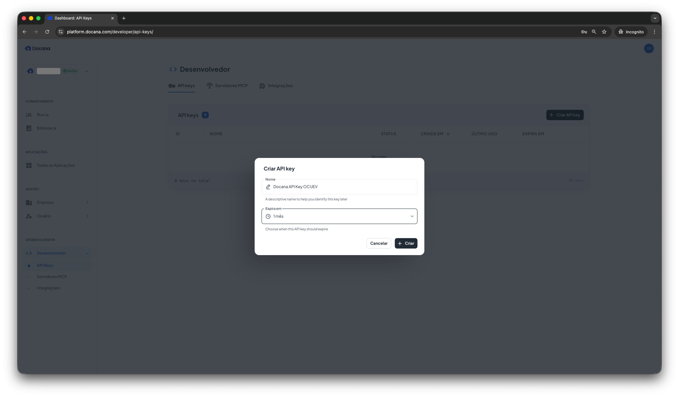 Create API Key modal