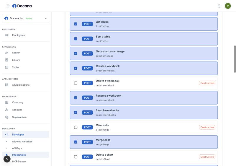 The operations checklist of an Excel connection, with Delete a workbook, Clear cells and Delete a chart unticked and marked Destructive