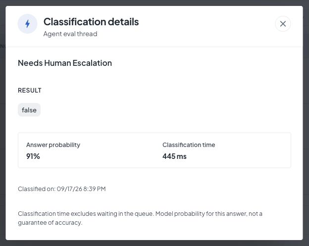 Classification details showing a false result, 91 percent answer probability, a 445 millisecond classification time, and the saved timestamp.