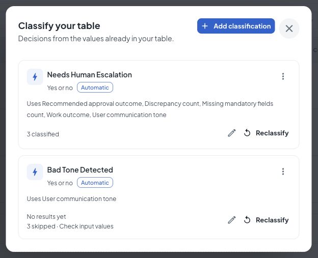 Classification manager showing input columns, automatic updates, three classified records, and a separate rule waiting for input values.