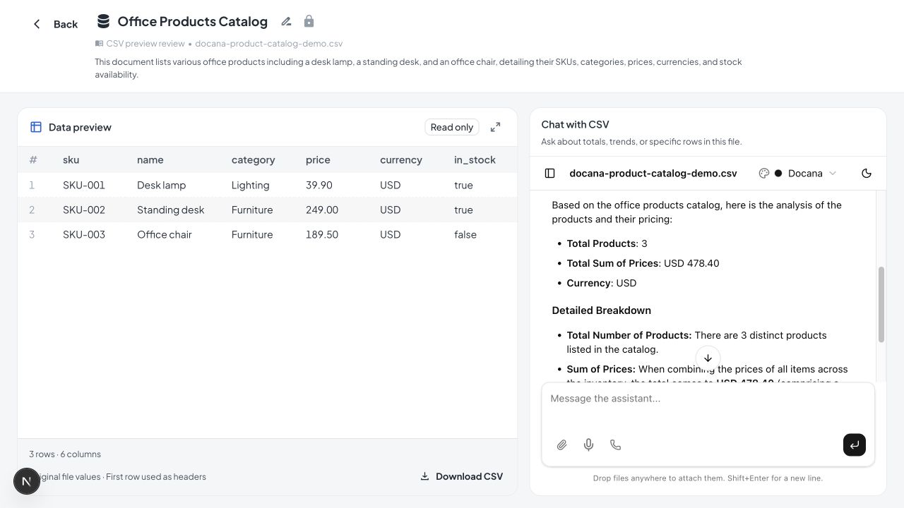 An uploaded product CSV has its own read-only data preview and chat. It remains a document rather than a table in the Tables directory.