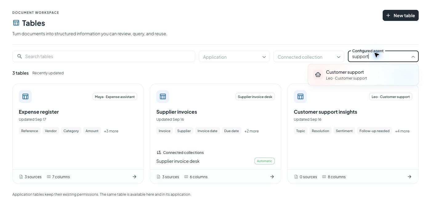 Search and filter tables together. Each agent option includes its application so similarly named agents are easier to distinguish.
