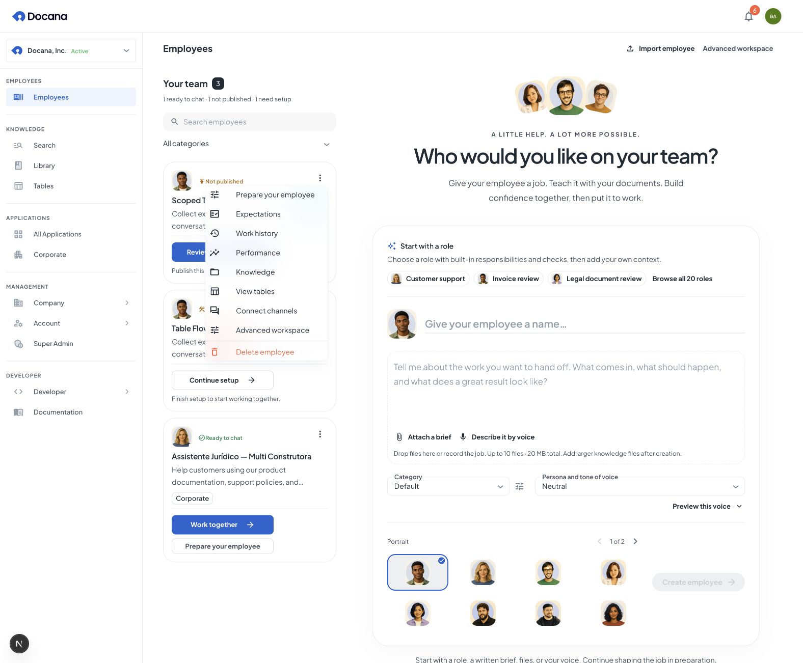 Employee card shortcuts lead to the existing review panels, knowledge, tables, and channels.