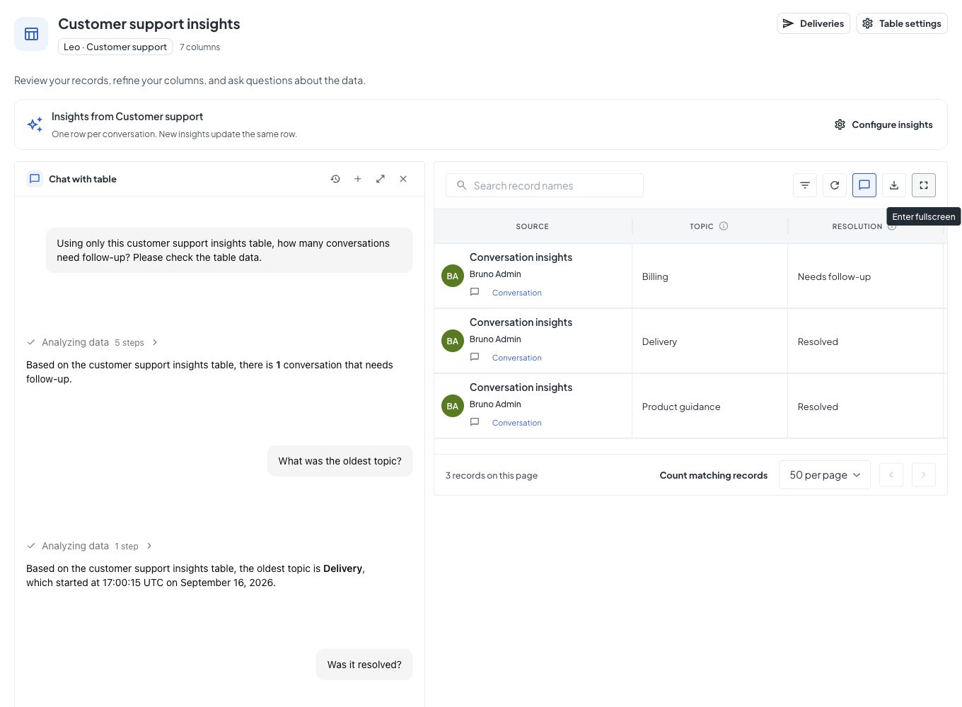 Customer support insights with chat on the left and conversation records on the right. All records are fictional examples.