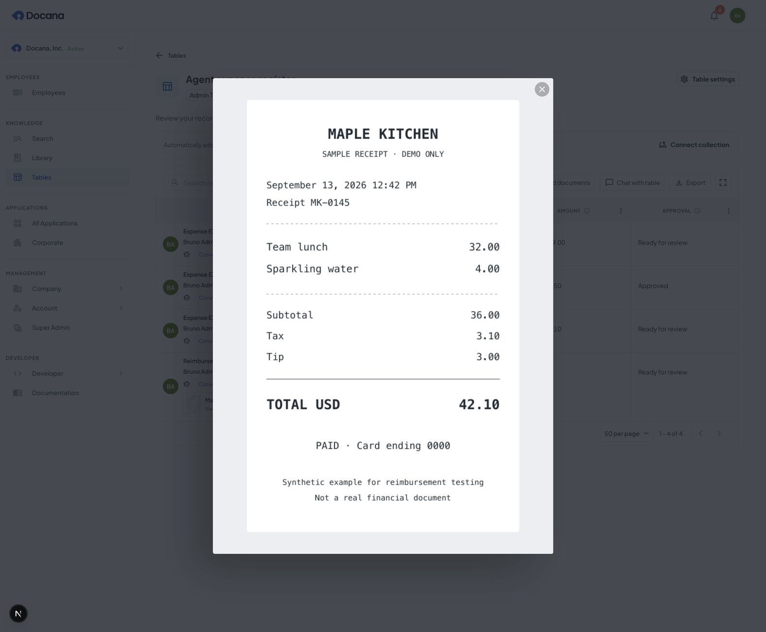 Open the linked receipt image to compare the saved amount with the original evidence.